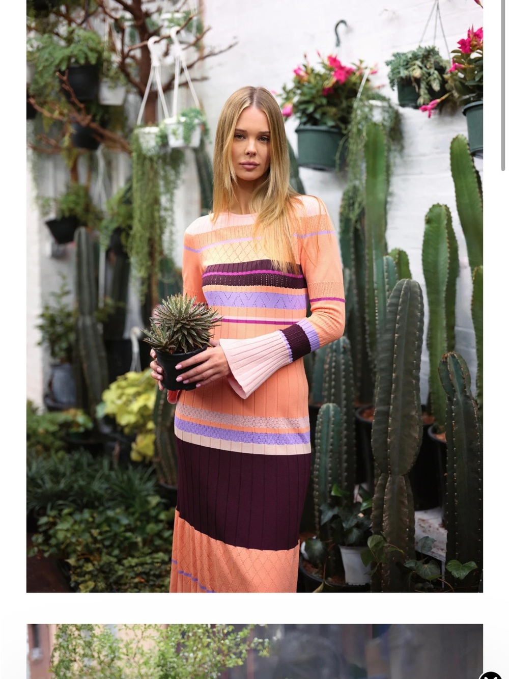 Striped Long-Sleeve Knit Midi Dress in Peach and Plum